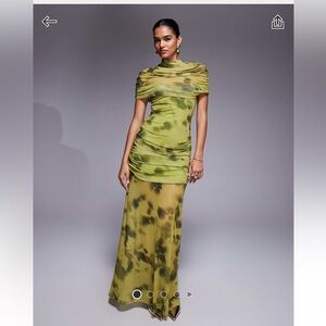 ASOS printed mesh high neck overlay maxi dress with sheer shirt in green floral